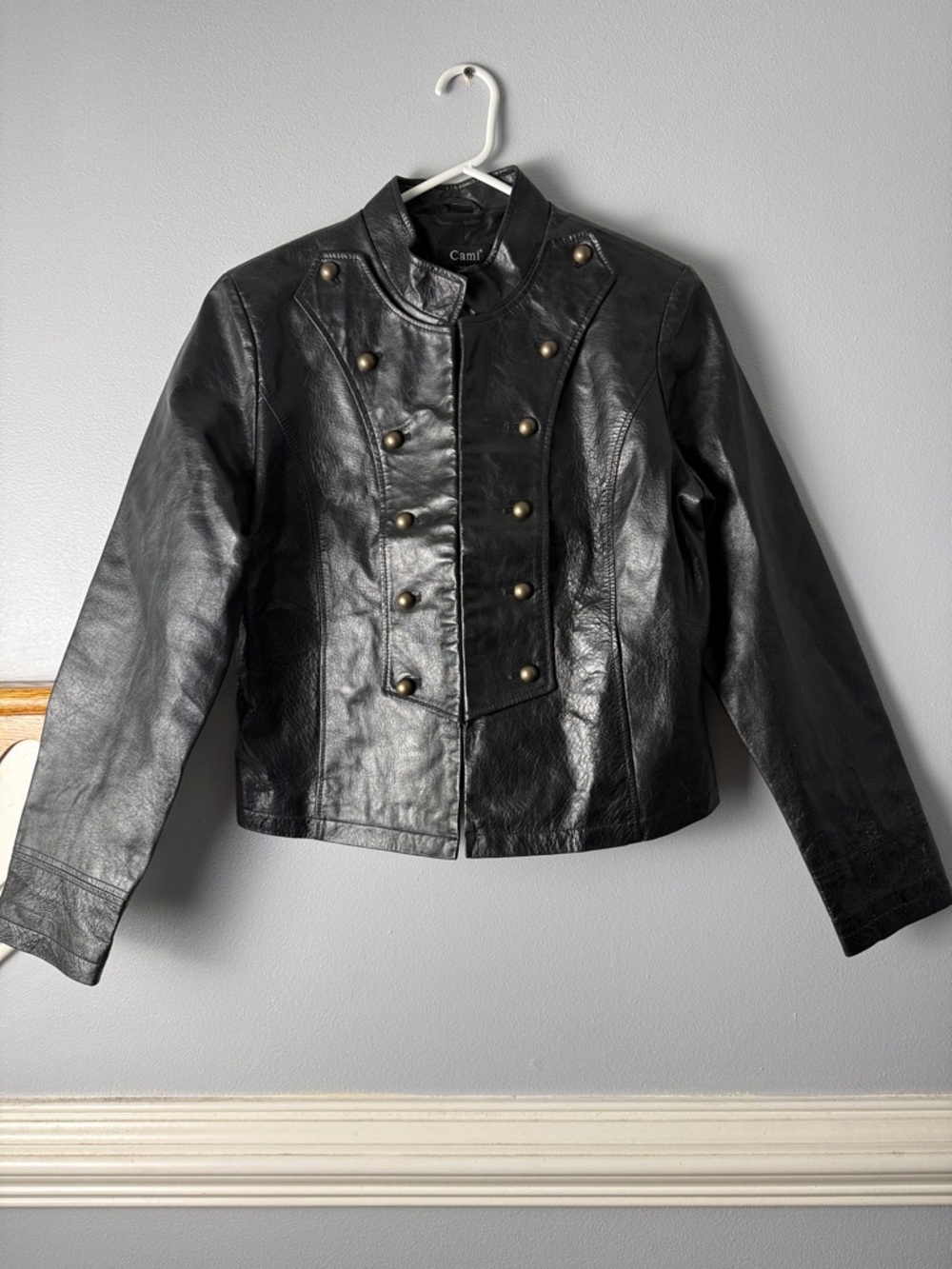 Vintage Cami Black Double-Breasted Military-Style Leather Jacket size 15